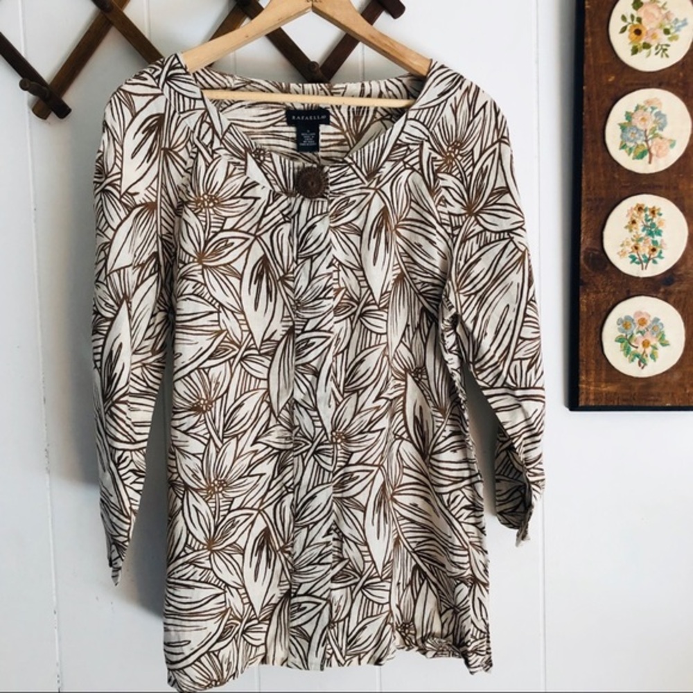 Vintage 100% Linen Floral & Leaf Print Button Down Shirt Small